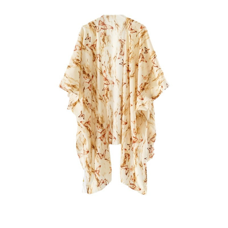 Damen eleganter Kimono mit kunstvollem floralem Muster und fransigen Kanten WW