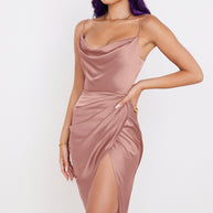Damen Satin Kleid mit schmalen Spaghetti-Trägern und seitlichem Schlitz WW