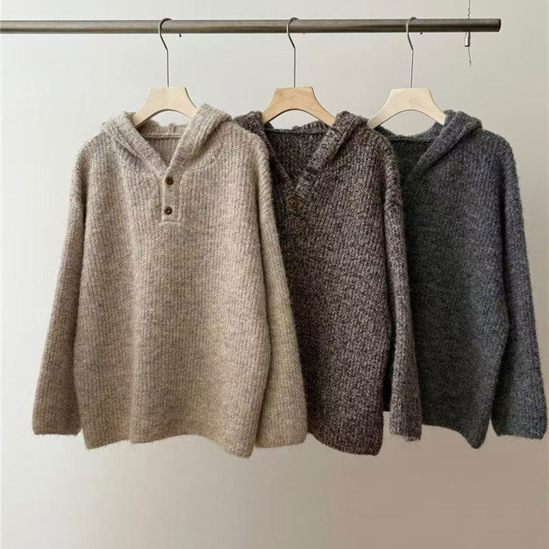 Damen bequemer Strickpullover mit Knopfleiste und Kapuze WW