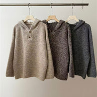 Damen bequemer Strickpullover mit Knopfleiste und Kapuze WW