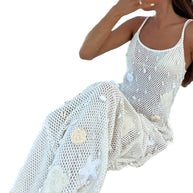 Damen Strickmaxikleid mit transparenten Details und floralem Design WW