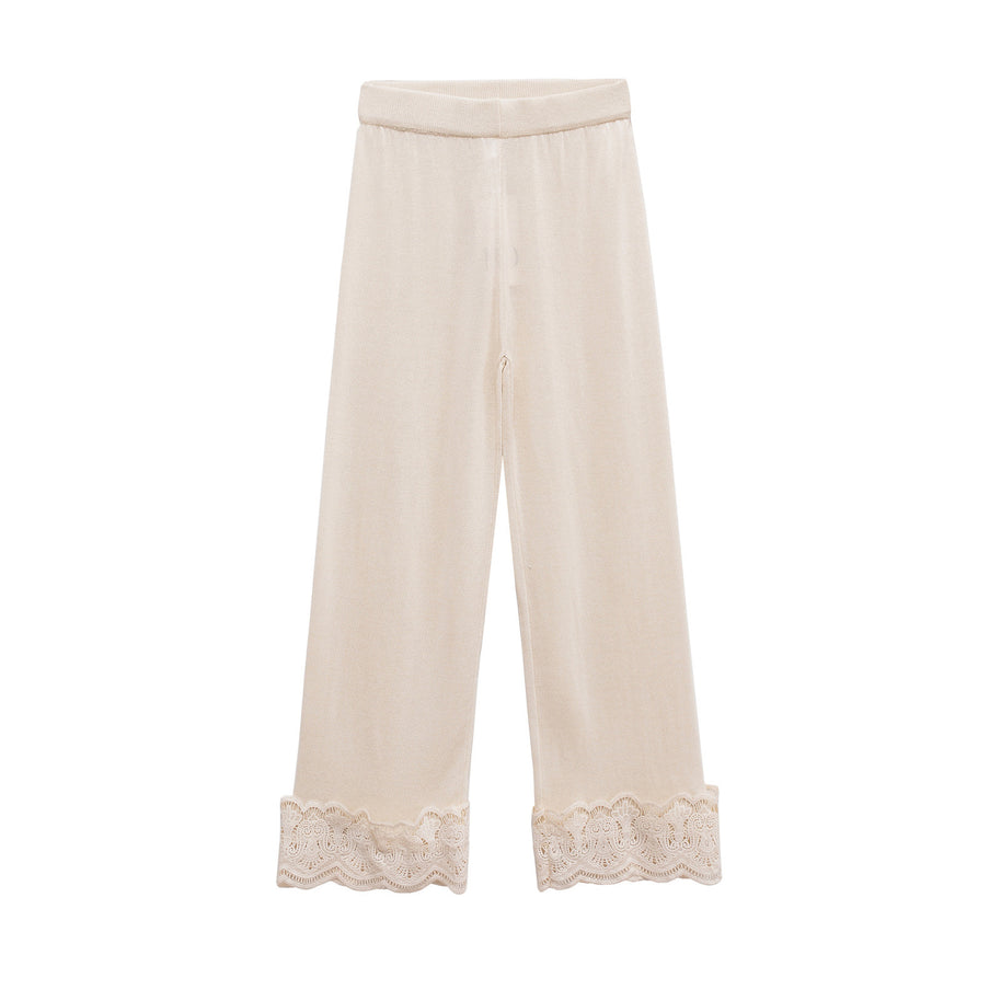 Damen Bequeme Palazzo-Hose mit Spitzenbesatz und elastischem Bund WW