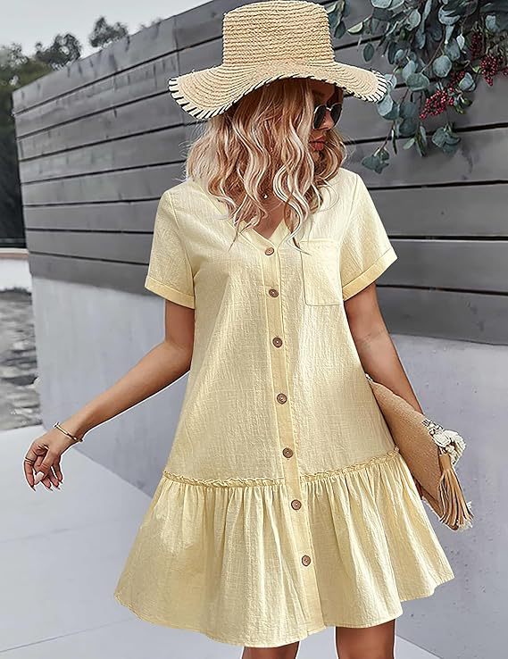 Damen lässiges Hemdblusenkleid mit Rüschen und Knopfleiste WW