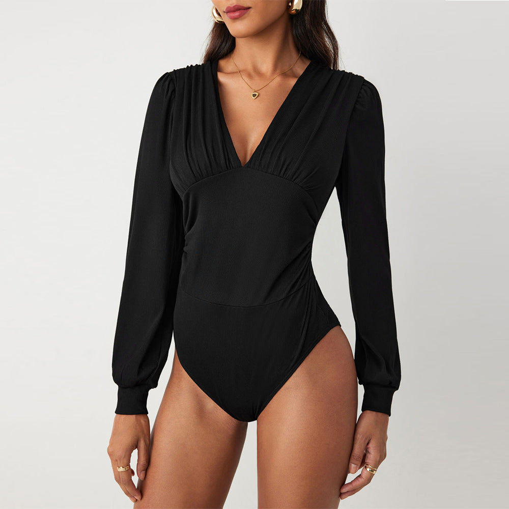 Damen Bodysuit mit eleganten Puffärmeln und tiefem V-Ausschnitt W&W Mode