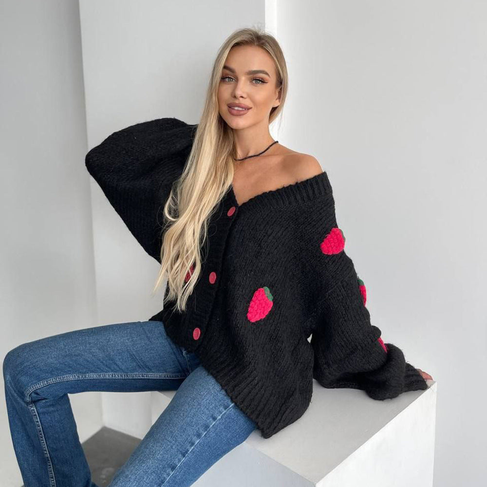 Damen Strickjacke mit verspieltem Erdbeermuster und weiten Ärmeln WW