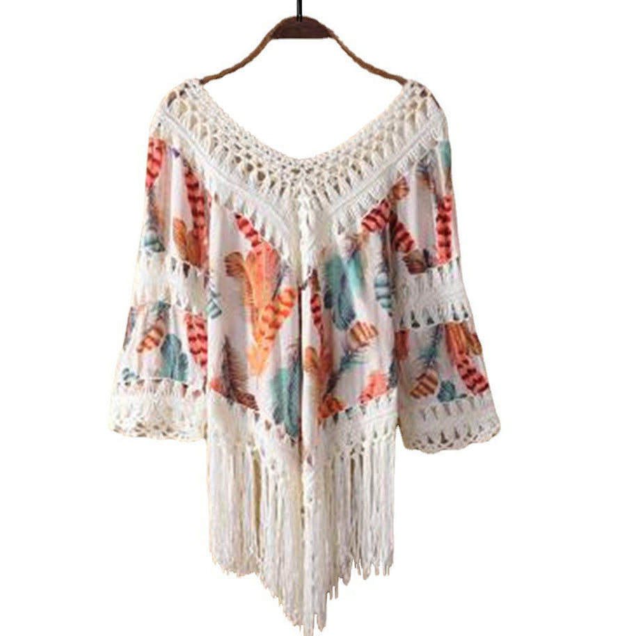 Damen lässiger Strandponcho mit fransigen Details und trendigem Muster WW