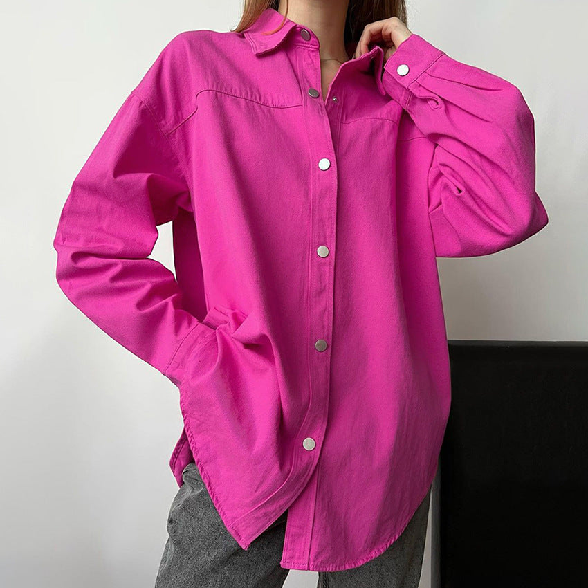 Damen Oversized Hemdbluse aus hochwertiger Baumwolle mit modischen Druckknöpfen WW