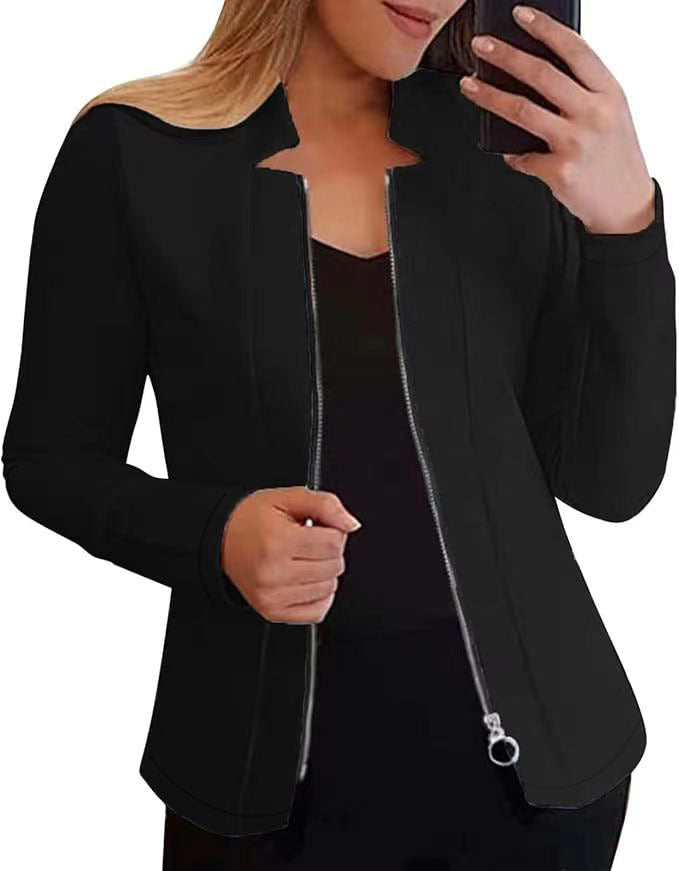 Damen moderne Blazerjacke mit asymmetrischem Reißverschluss und figurbetontem Schnitt WW