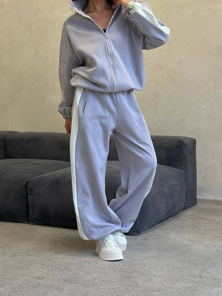 Damen sportliches Fleece-Anzug-Set mit mittellangem Reißverschluss und seitlichen Taschen WW
