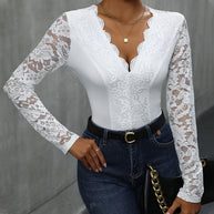 Damen Spitzenbody mit tiefem V-Ausschnitt und langen Ärmeln WW