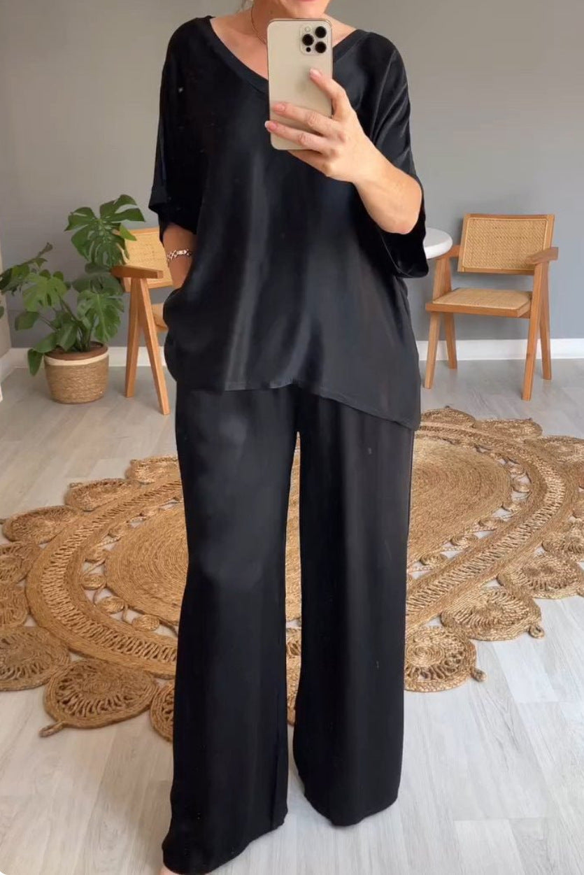 WW | Einfarbiger, seidiger V-Ausschnitt lässiger Anzug