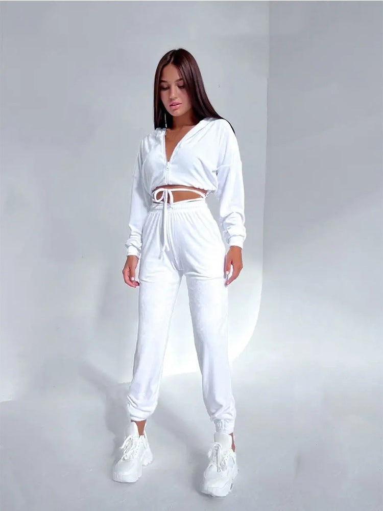 Damen sportlicher Cropped Fleece-Jogginganzug mit Reißverschluss und praktischen Taschen WW