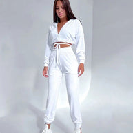 Damen sportlicher Cropped Fleece-Jogginganzug mit Reißverschluss und praktischen Taschen WW