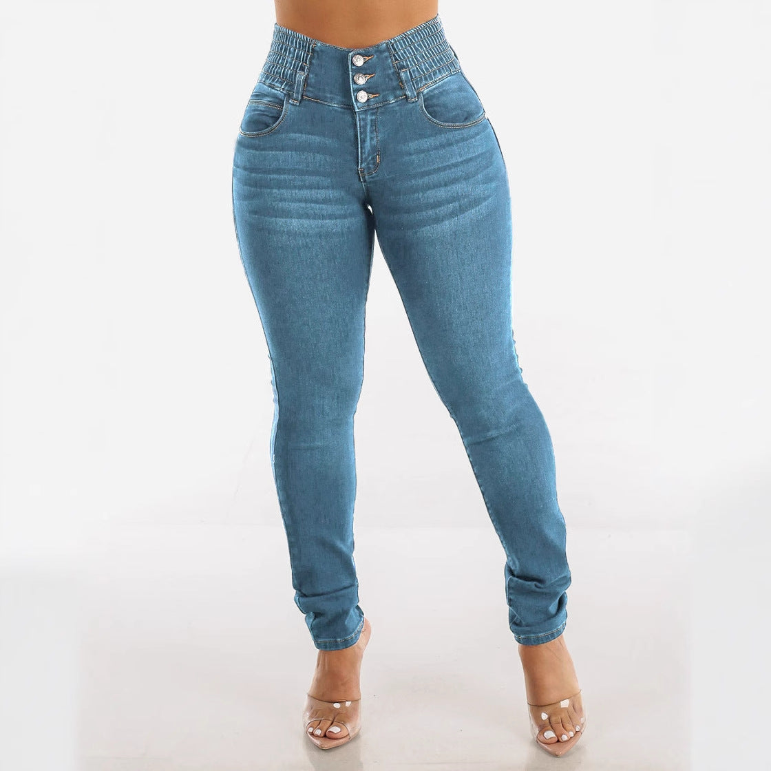 Damen Slim-Fit High-Waist Jeans mit elastischem Taillenbund WW