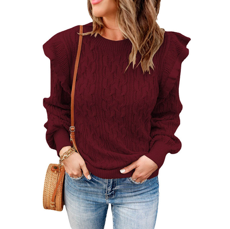 Damen eleganter Strickpullover mit Rüschendetails und strukturierter Textur WW
