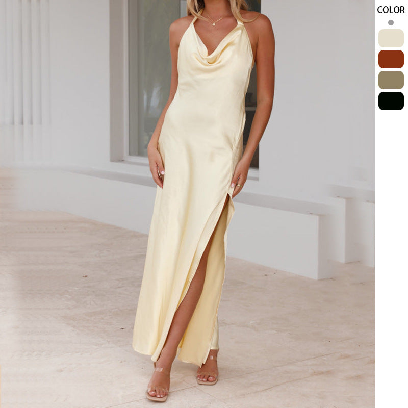 Damen elegantes Maxikleid mit fließendem Satin-Ausschnitt und hohem Schlitz WW