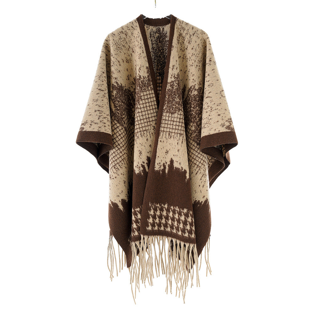 Damen Fransen Poncho mit modernem grafischen Muster und eleganter Spitze WW