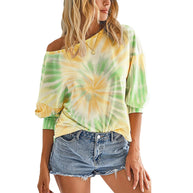 Damen lässiges Sweatshirt mit asymmetrischem Ausschnitt und modernem Tie-Dye-Design WW