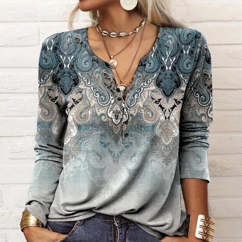 Damen Langarmshirt mit detailliertem Druck und Knopfleiste WW