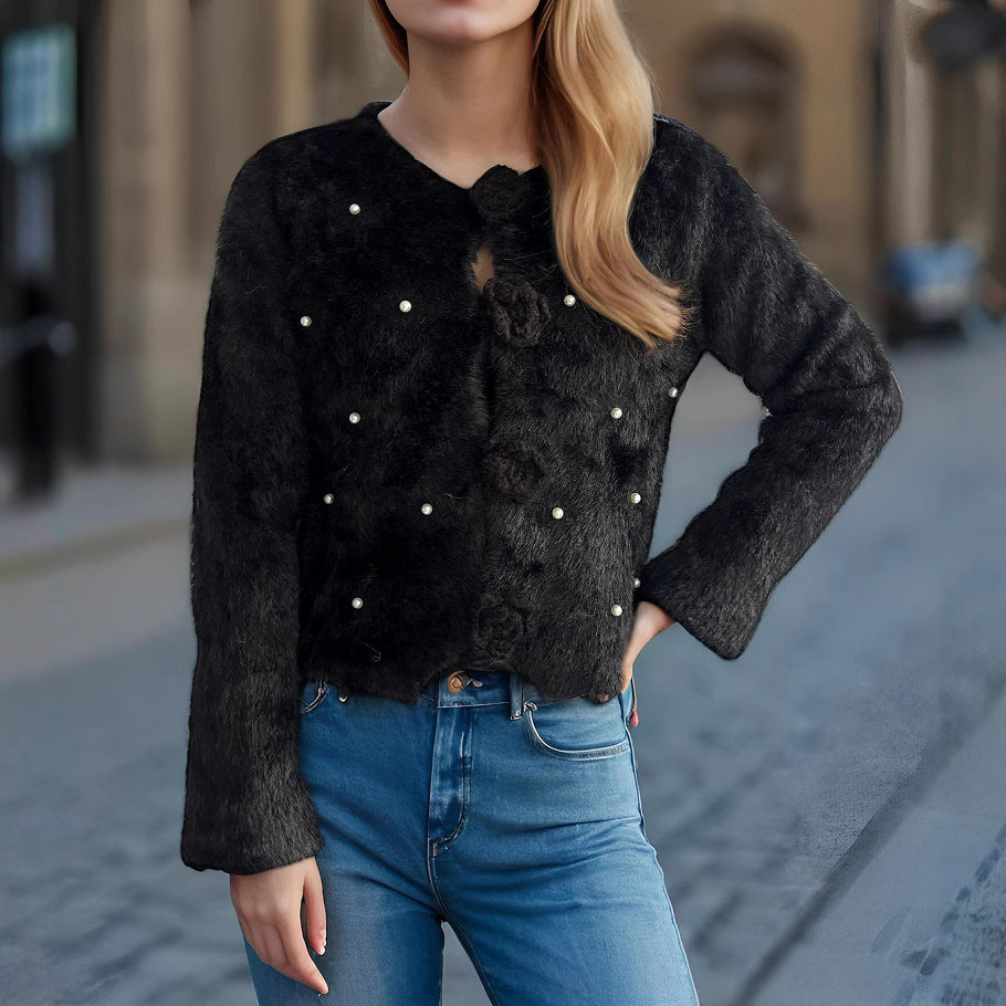 Damen Strickjacke mit floralen Applikationen und perlverzierter Detail WW