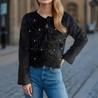 Damen Strickjacke mit floralen Applikationen und perlverzierter Detail WW