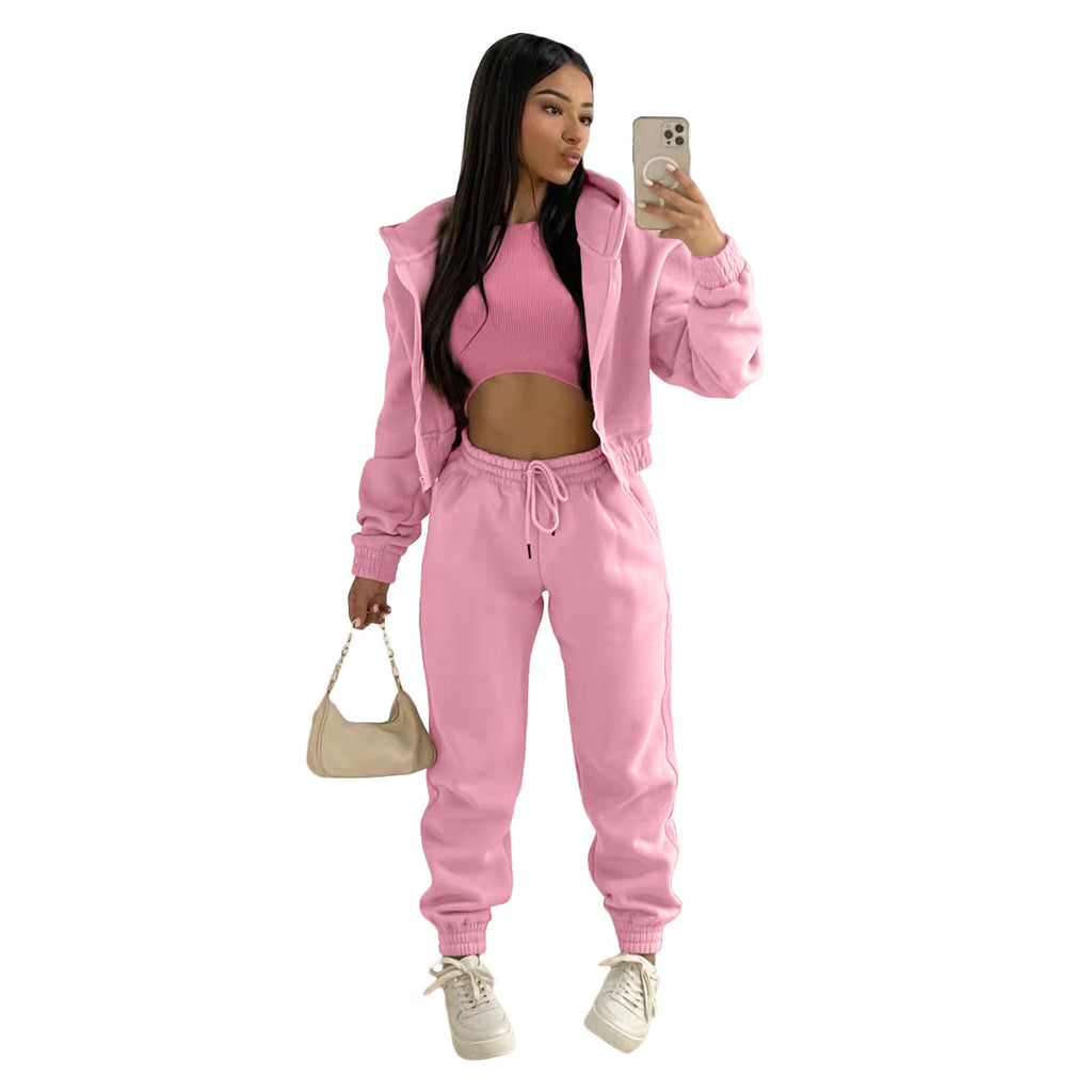 Damen stylischer Sportanzug mit lässiger Kapuzenjacke und elastischen Bundelementen WW