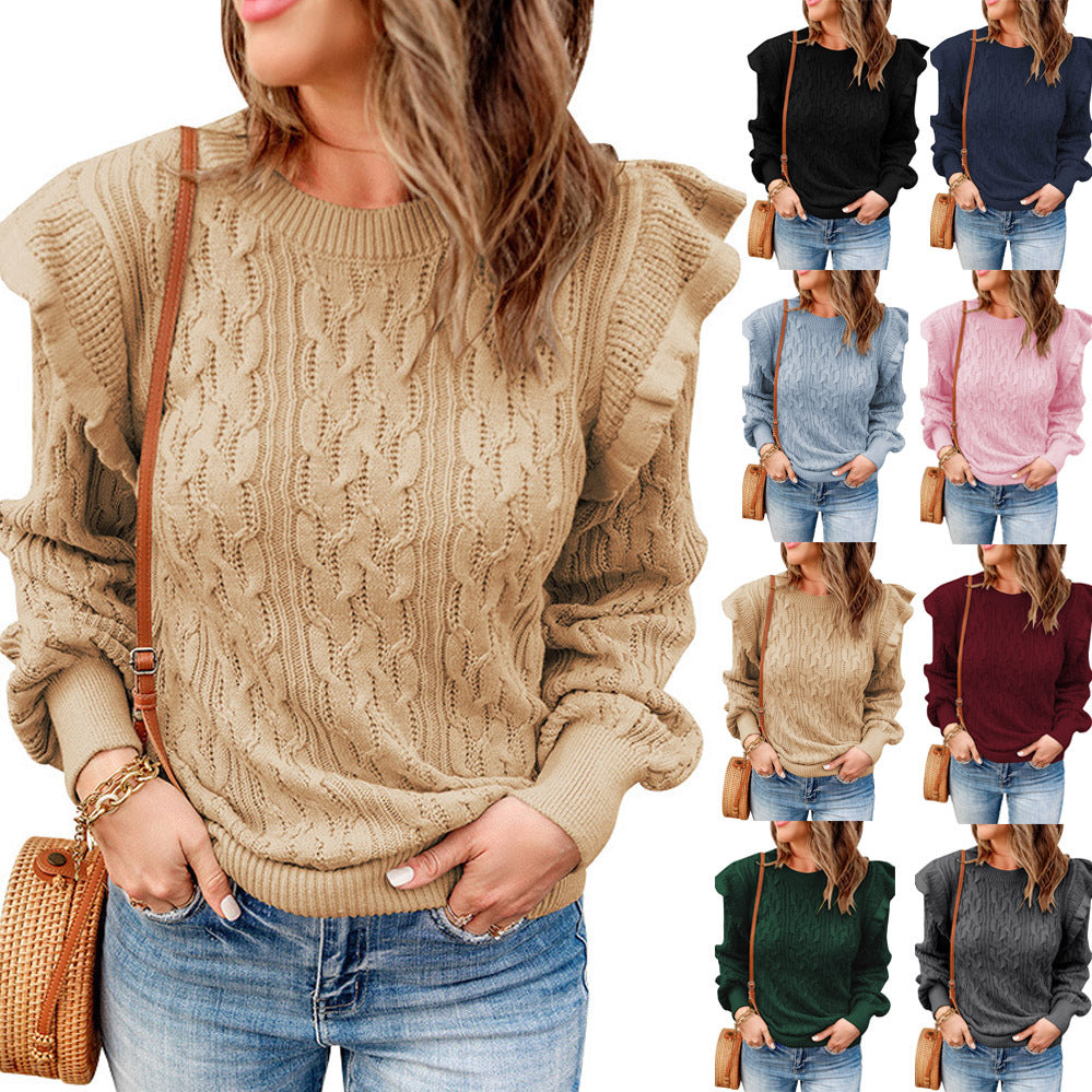 Damen eleganter Strickpullover mit Rüschendetails und strukturierter Textur WW