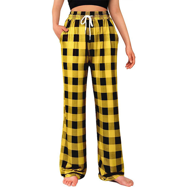Damen Bequeme Karohose mit elastischem Bund und Seitentaschen WW