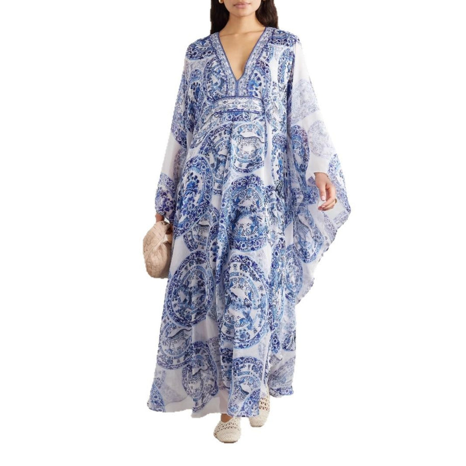 Damen Maxi-Kleid mit elegantem V-Ausschnitt und weit schwingendem Schnitt WW
