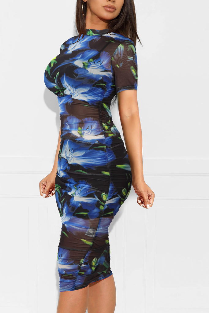 Damen figurbetontes Knielanges Kleid mit floralem Muster und kurzen Ärmeln WW