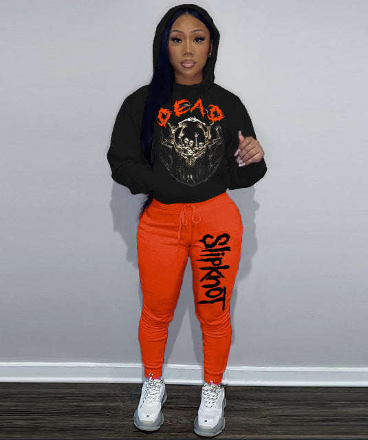 Damen Sportliches Hoodie und Jogginghose Set mit auffälligem Bandmotiv WW