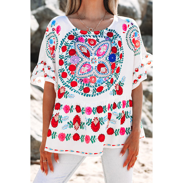 Damen besticktes Blusentop mit voluminösen Ärmeln und floralen Motiven WW