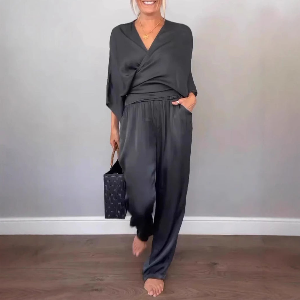 Damen Chiffon Zweiteiler mit Wickeloberteil und weit geschnittenen Hosen WW