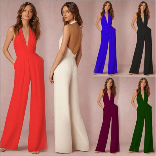 Damen eleganter Jumpsuit mit tiefem V-Ausschnitt und weitem Bein WW