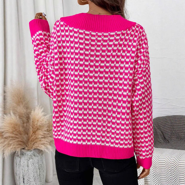 Damen Strickpullover mit V-Ausschnitt und modernem Karomuster WW