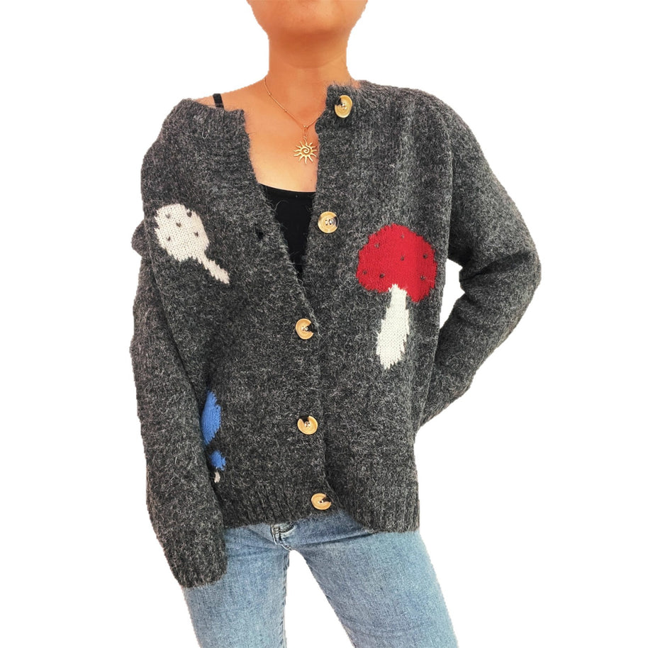 Damen Strickjacke mit buntem Pilzmotiv und Knopfdetails WW