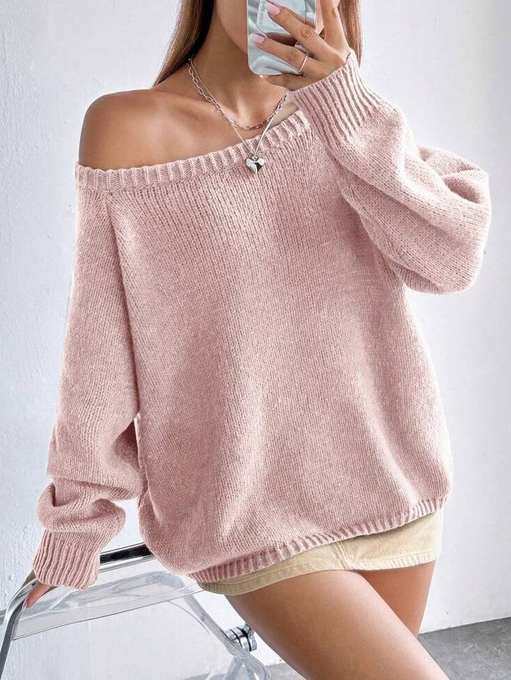 Damen Bequemer Oversized Pullover mit weitem Rundhalsausschnitt WW