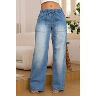 Damen weite Denim-Hose mit elastischem Bund und seitlichen Taschen WW