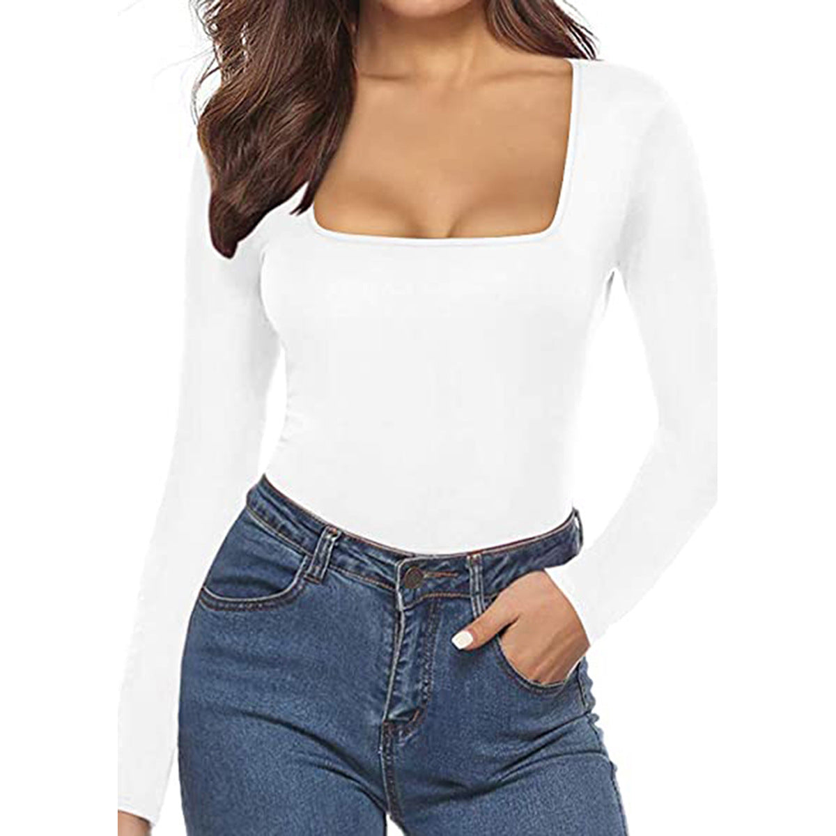 Damen Body mit quadratischem Ausschnitt und langen Ärmeln aus feinem Rippenstrick WW