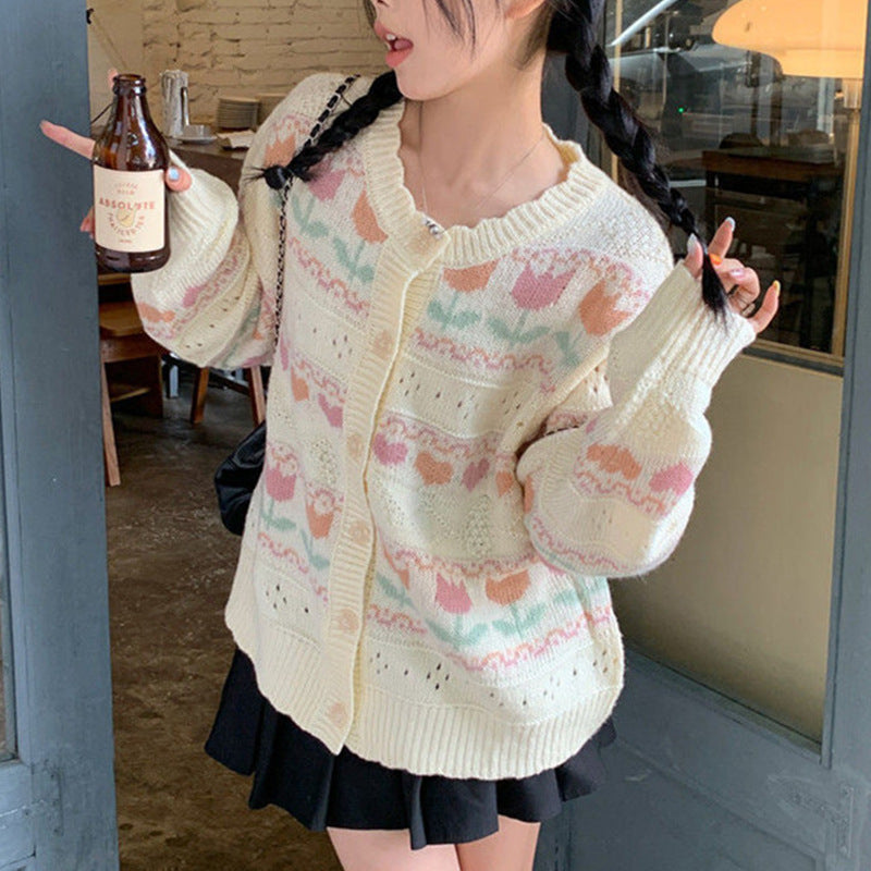 Damen Strickjacke mit blumigem Muster und lockerer Passform WW