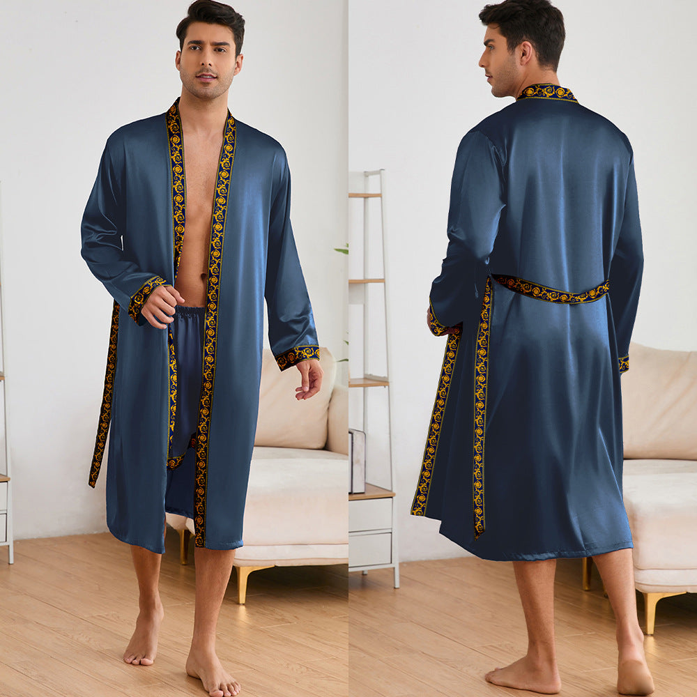 Herren Satin Morgenmantel mit stilvollem Schalkragen und seitlichen Taschen WW
