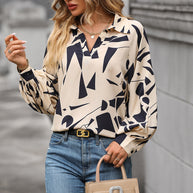 Damen lässige Bluse mit modernem grafischem Druck und voluminösen Ärmeln WW