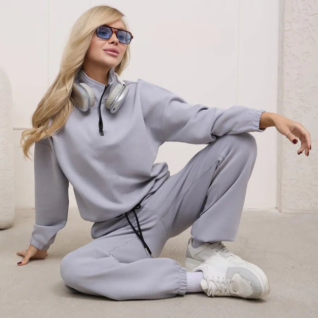 Damen Sportliches Loungewear-Set mit halbem Reißverschluss und elastischem Bund WW