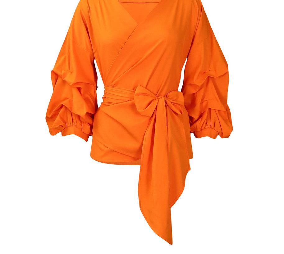 Damen Wickelbluse mit voluminösen Ärmeln und eleganter Schleifenbindung WW