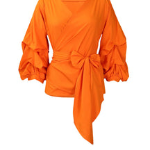 Damen Wickelbluse mit voluminösen Ärmeln und eleganter Schleifenbindung WW