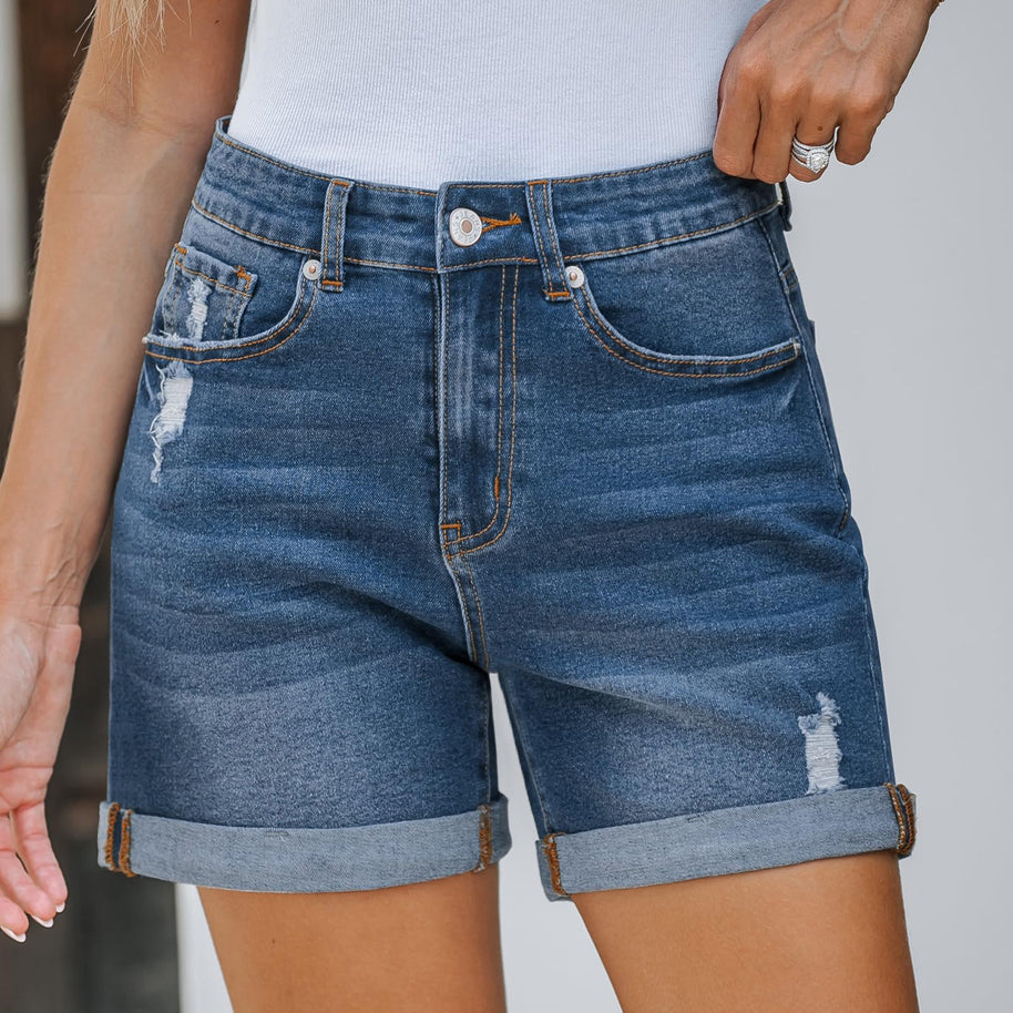Damen Destroyed Denim-Shorts mit hohem Bund und ausgefranstem Saum WW