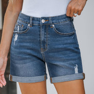 Damen Destroyed Denim-Shorts mit hohem Bund und ausgefranstem Saum WW