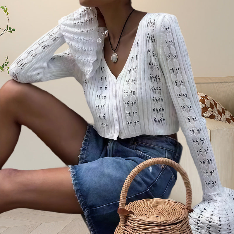 Damen Strickoberteil mit Lochmuster und weitem Ärmel WW