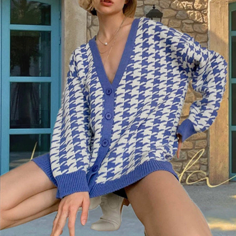 Damen Strickjacke mit großflächigem Hahnentrittmuster und tiefem V-Ausschnitt WW
