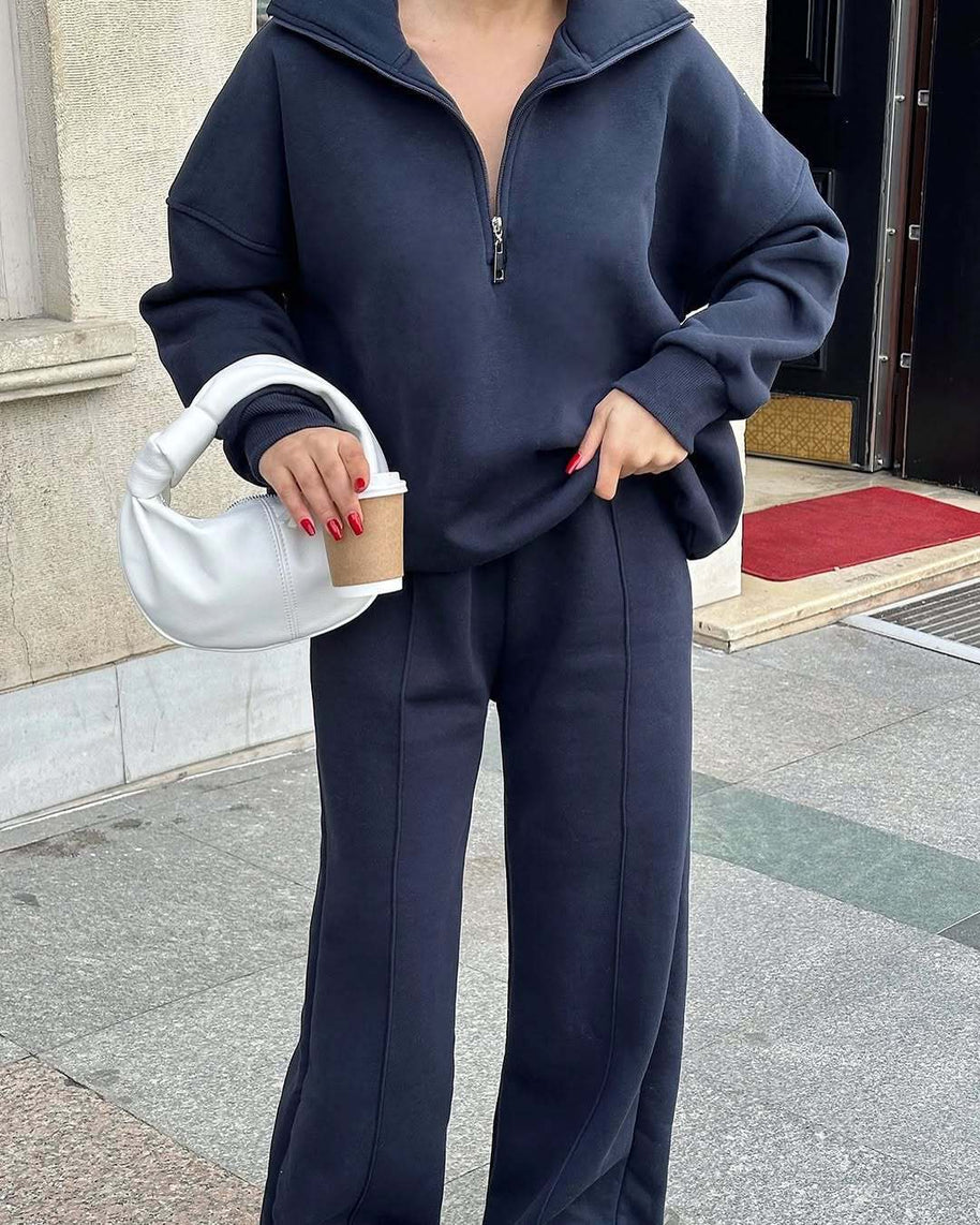 Damen bequemer Fleece-Athleisure-Anzug mit Stehkragen und Reißverschluss WW